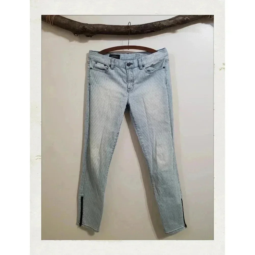 J Crew | Toothpick Railroad Pinstriped Zip Up Ankle Lightwashed Blue Denim Jeans
